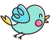 Ilustrācija gudrs, karikatūras stila zils putns ar dzeltenu knābi un asti, rozā vaigiem un melnu kontūru, šķiet, laimīgi lido ar aizvērtām acīm un paceltiem spārniem.