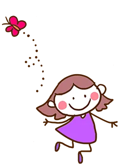 Ilustrācija, jautra multfilmas meitene ar brūniem matiem, violetu kleitu un sārtiem vaigiem priecīgi lēkā, kamēr netālu skraida sarkans tauriņš.