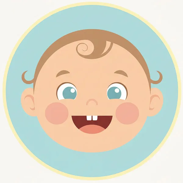ilustrācija, kurā uz gaiši zila apaļa fona attēlota smaidoša mazuļa seja ar sārtiem vaigiem, zilām acīm, brūnu matu cirtas un diviem redzamiem priekšējiem zobiem.