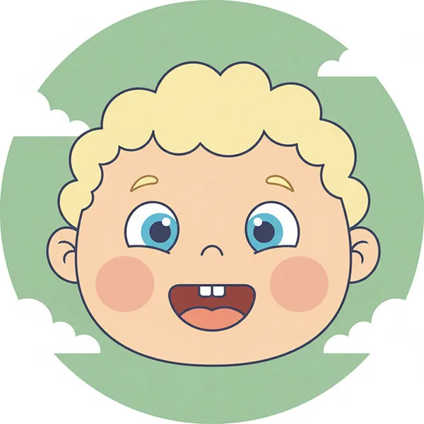Ilustrācija ar smaidošu bērnu ar cirtainiem gaišiem matiem, zilām acīm, sārtiem vaigiem un atvērtu muti, kurā redzami divi priekšējie zobi, uz zaļa apaļa fona ar baltiem mākoņiem.