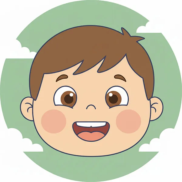 Ilustrācija ar smaidošu zēnu ar brūniem matiem un acīm, sārtiem vaigiem un atvērtu muti uz zaļa apaļa fona ar baltiem mākoņiem.