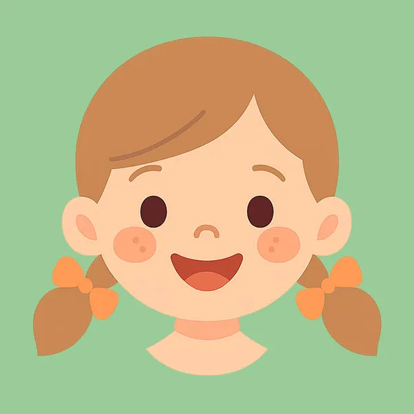 Ilustrācija ar smaidošu meiteni ar gaiši brūniem matiem, kas savīti divās cirtās astēs un piesieti ar oranžiem lokiem, sārtiem vaigiem un zaļu fonu.