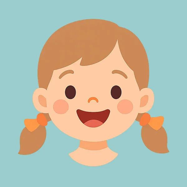 Ilustrācija, kurā uz gaiši zila fona ir smaidoša meitene ar gaiši brūniem matiem cirtas lentēs, kas sasieti ar oranžiem lokiem, un sārtiem vaigiem.