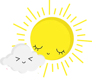 Smaidoša dzeltena saule ar aizvērtām acīm un starojošiem stariem atrodas aiz maza balta mākonīša, kuram arī ir laimīga seja ar aizvērtām acīm un smaidu. Fons ir vienkrāsains un gaišs.