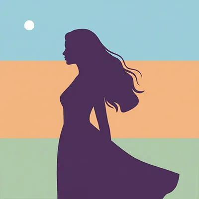 Minimālistiska ilustrācija, kurā attēlota sieviete profilā ar plīvojošiem matiem un kleitu, siluets uz pasteļzilu, oranžu un zaļu horizontālu svītru fona ar mazu baltu sauli debesīs.